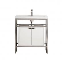 James Martin Vanities C105V31.5BNKSCGWWG - Boston 31.5'' Stainless Steel Sink Console, Brushed Nickel w/ Glossy White Storage Cabin