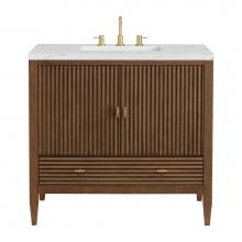 James Martin Vanities 485-V36-WLT-3ENC - Myrrin 36'' Vanity, Mid Century Walnut w/ 3 CM Ethereal Noctis Quartz Top