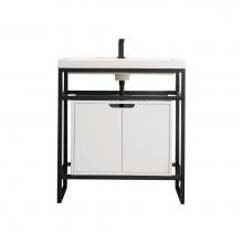 James Martin Vanities C105V31.5MBKSCGWWG - Boston 31.5'' Stainless Steel Sink Console, Matte Black w/ Glossy White Storage Cabinet,