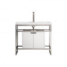 James Martin Vanities C105V39.5BNKSCGWWG - Boston 39.5'' Stainless Steel Sink Console, Brushed Nickel w/ Glossy White Storage Cabin