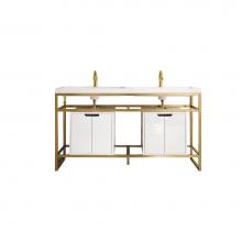 James Martin Vanities C105V63RGDSCGWWG - Boston 63'' Stainless Steel Sink Console (Double Basins), Radiant Gold w/ Glossy White S