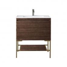 James Martin Vanities 801V31.5WLTRGDGW - Milan 31.5'' Single Vanity Cabinet, Mid Century Walnut, Radiant Gold w/Glossy White Comp