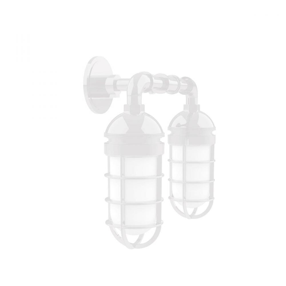 Vaportite, no shade, double wall mount with clear glass and cast guard, White