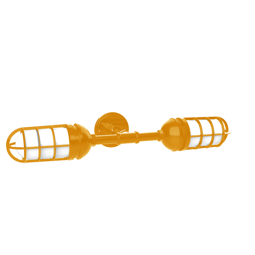 Vaportite, no shade, double wall mount with clear glass and cast guard, Bright Yellow