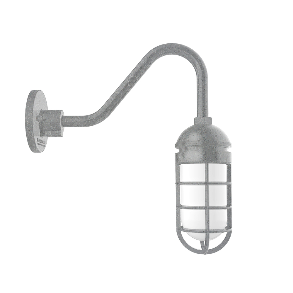 Vaportite, no shade, gooseneck wall mount with clear glass and cast guard, Painted Galvanized