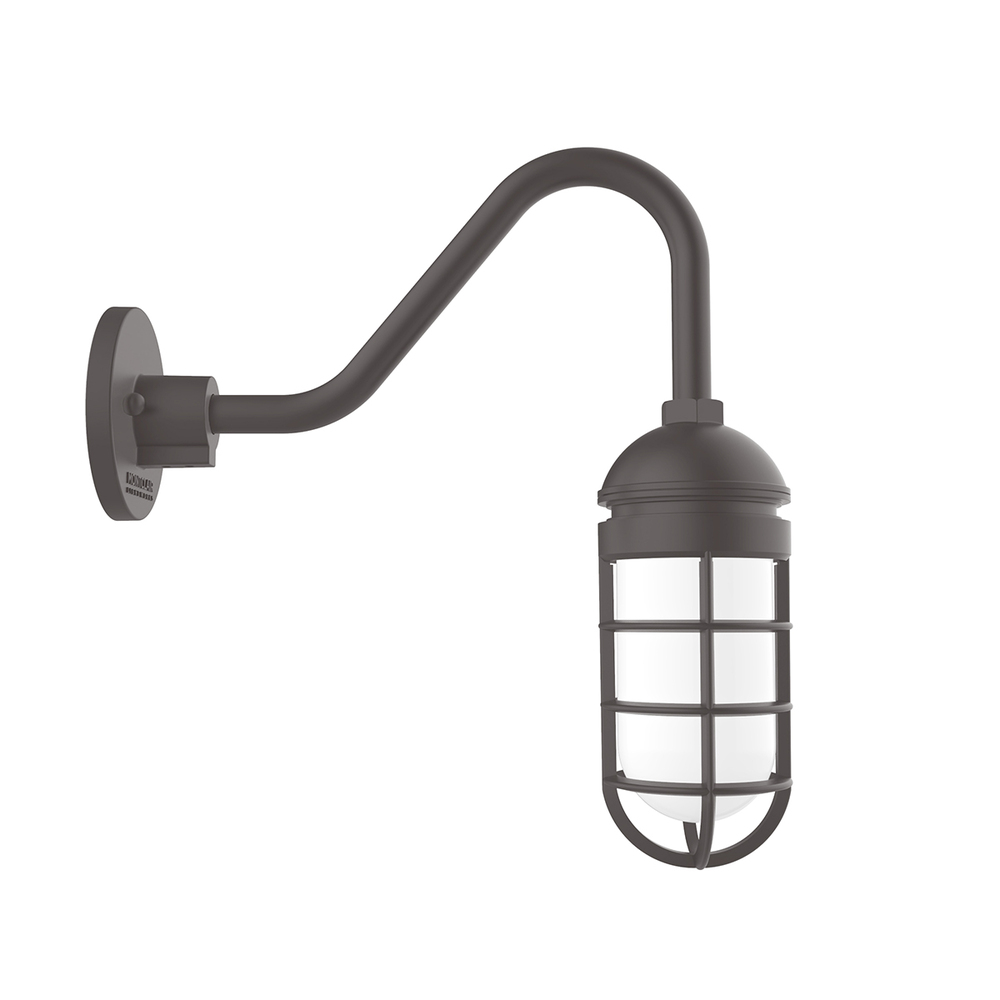 Vaportite, no shade, gooseneck wall mount with clear glass and cast guard, Bronze Matte