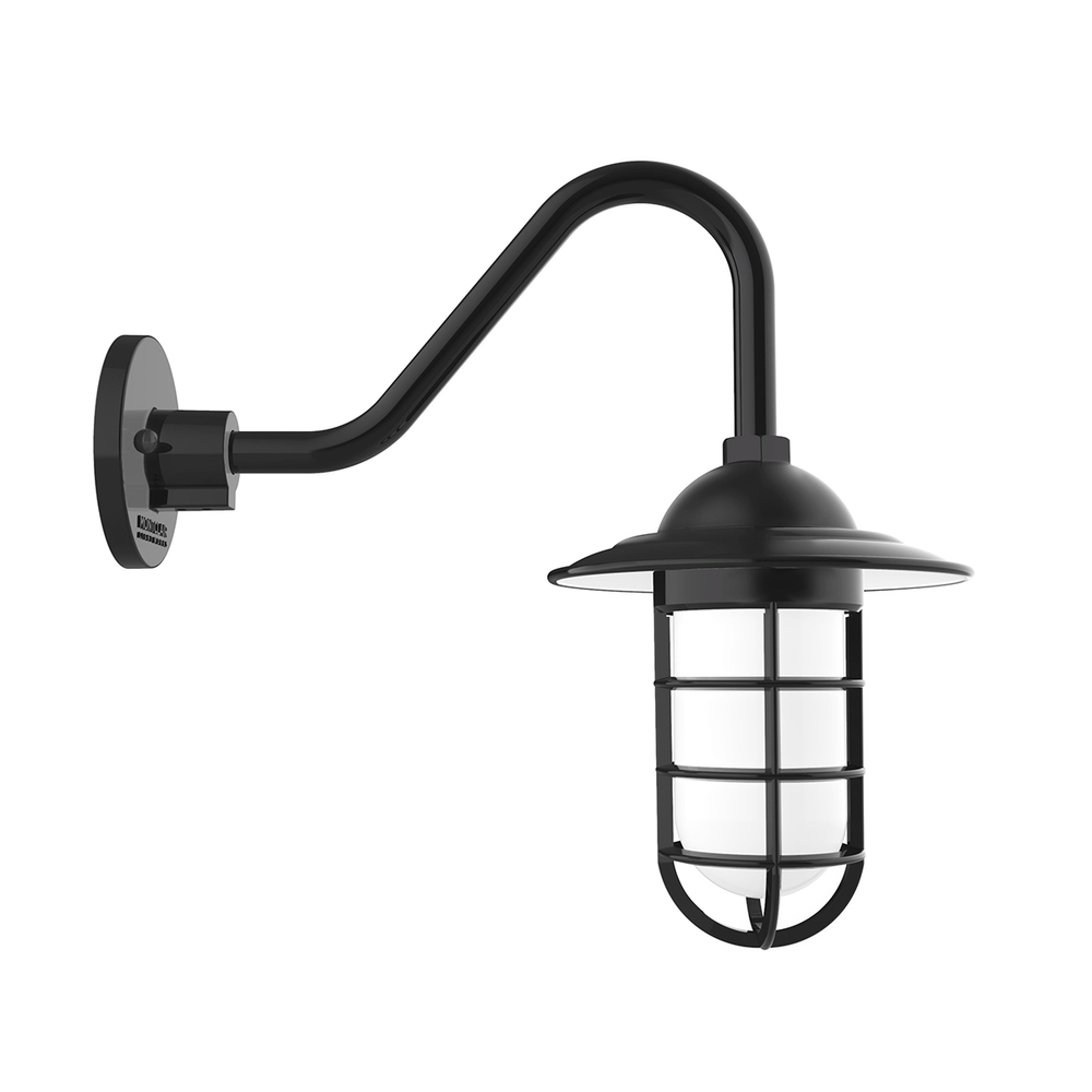 Vaportite, Style A shade, gooseneck wall mount with clear glass and cast guard, Black