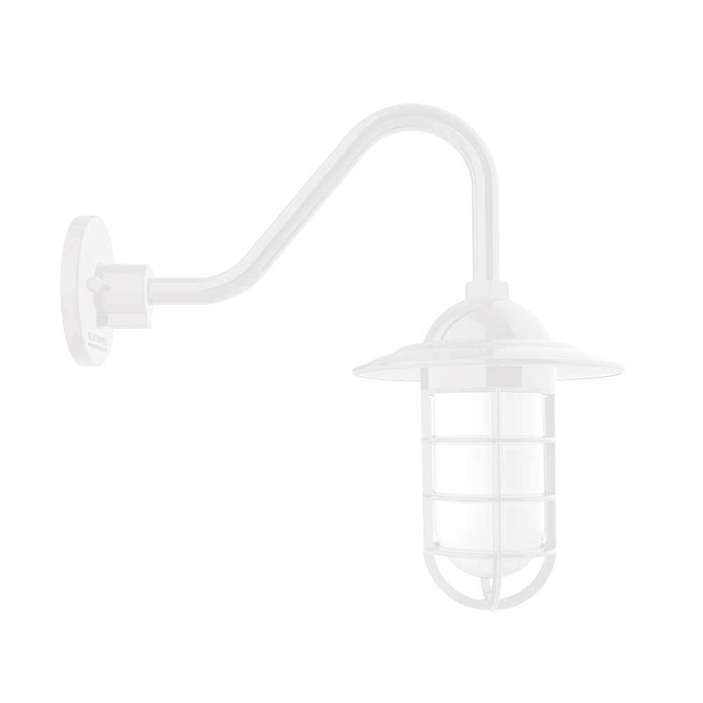 Vaportite, Style A shade, gooseneck wall mount with clear glass and cast guard, White