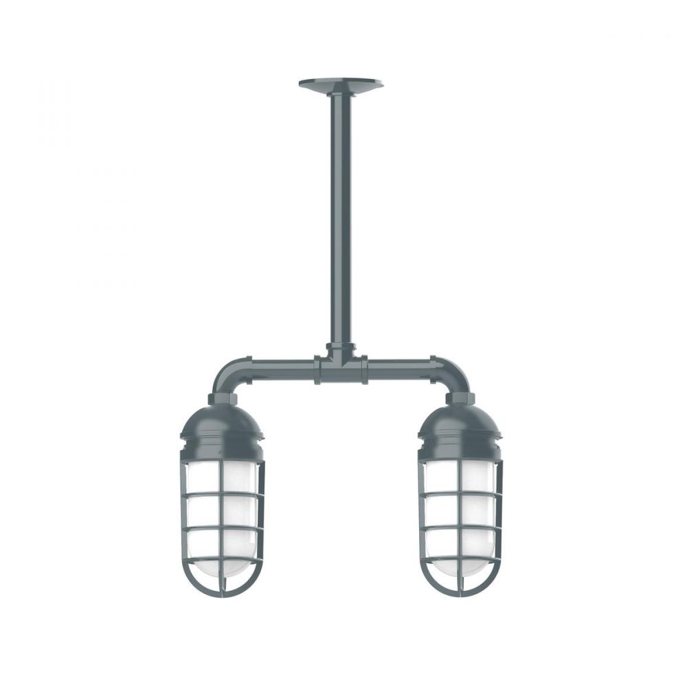 Vaportite, 2-light stem hung pendant with clear glass and cast guard, Slate Gray