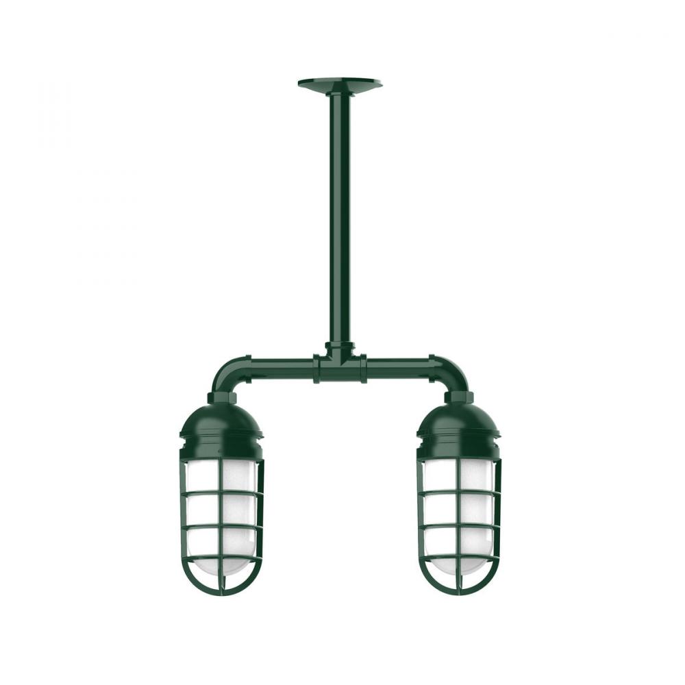 Vaportite, 2-light stem hung pendant with clear glass and cast guard, Forest Green