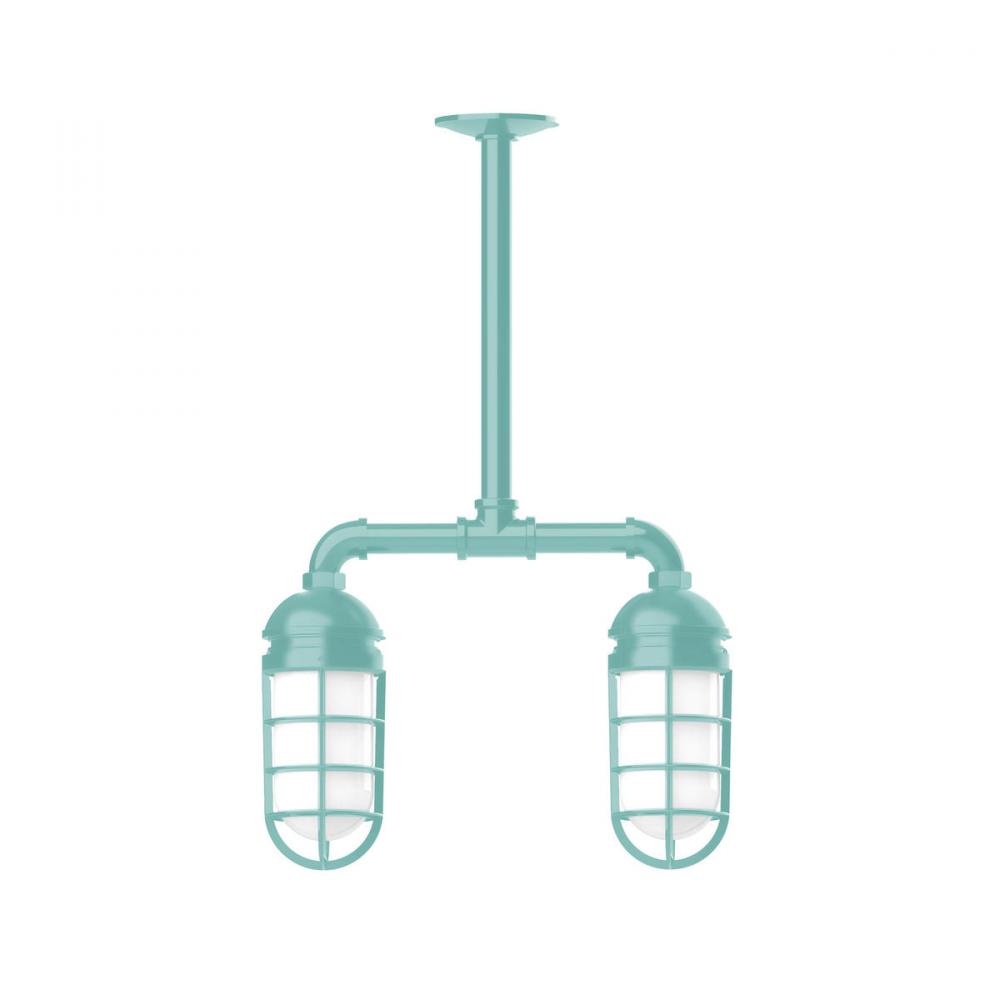 Vaportite, 2-light stem hung pendant with clear glass and cast guard, Sea Green