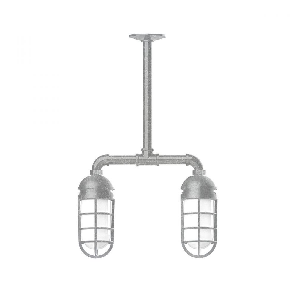 Vaportite, 2-light stem hung pendant with clear glass and cast guard, Painted Galvanized