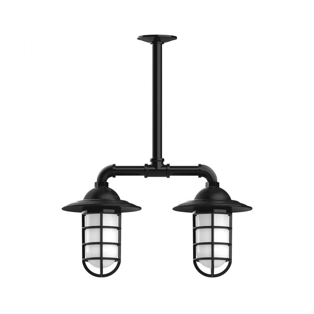 Vaportite, Style A shade, 2-light stem hung pendant with clear glass and cast guard, Black
