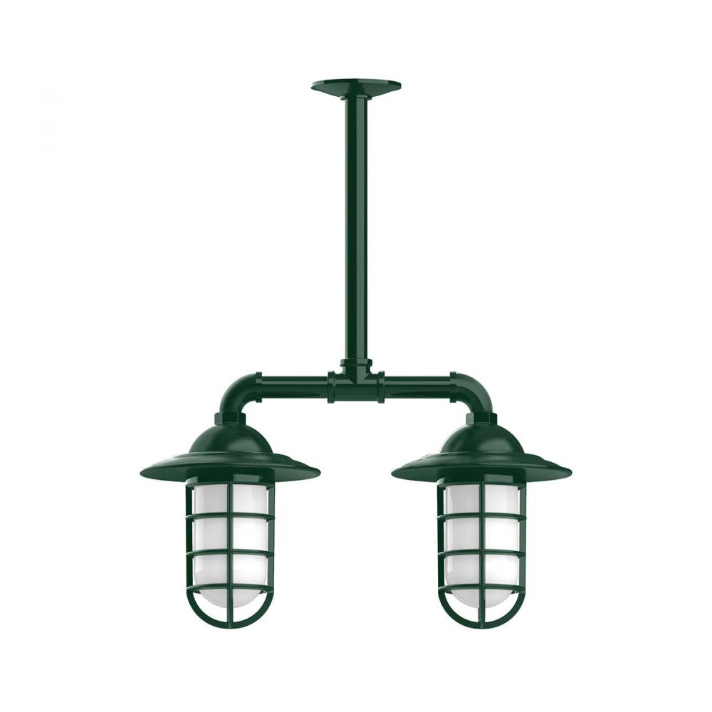 Vaportite, Style A shade, 2-light stem hung pendant with clear glass and cast guard, Forest Green