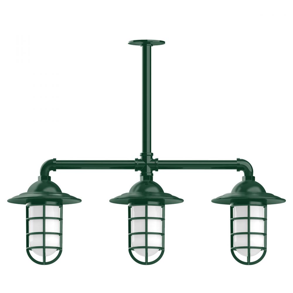 Vaportite, Style A shade, 3-light stem hung pendant with clear glass and cast guard, Forest Green
