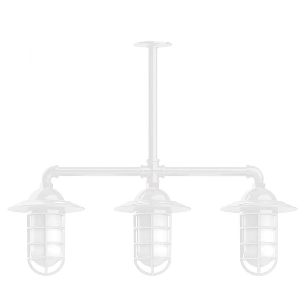 Vaportite, Style A shade, 3-light stem hung pendant with clear glass and cast guard, White