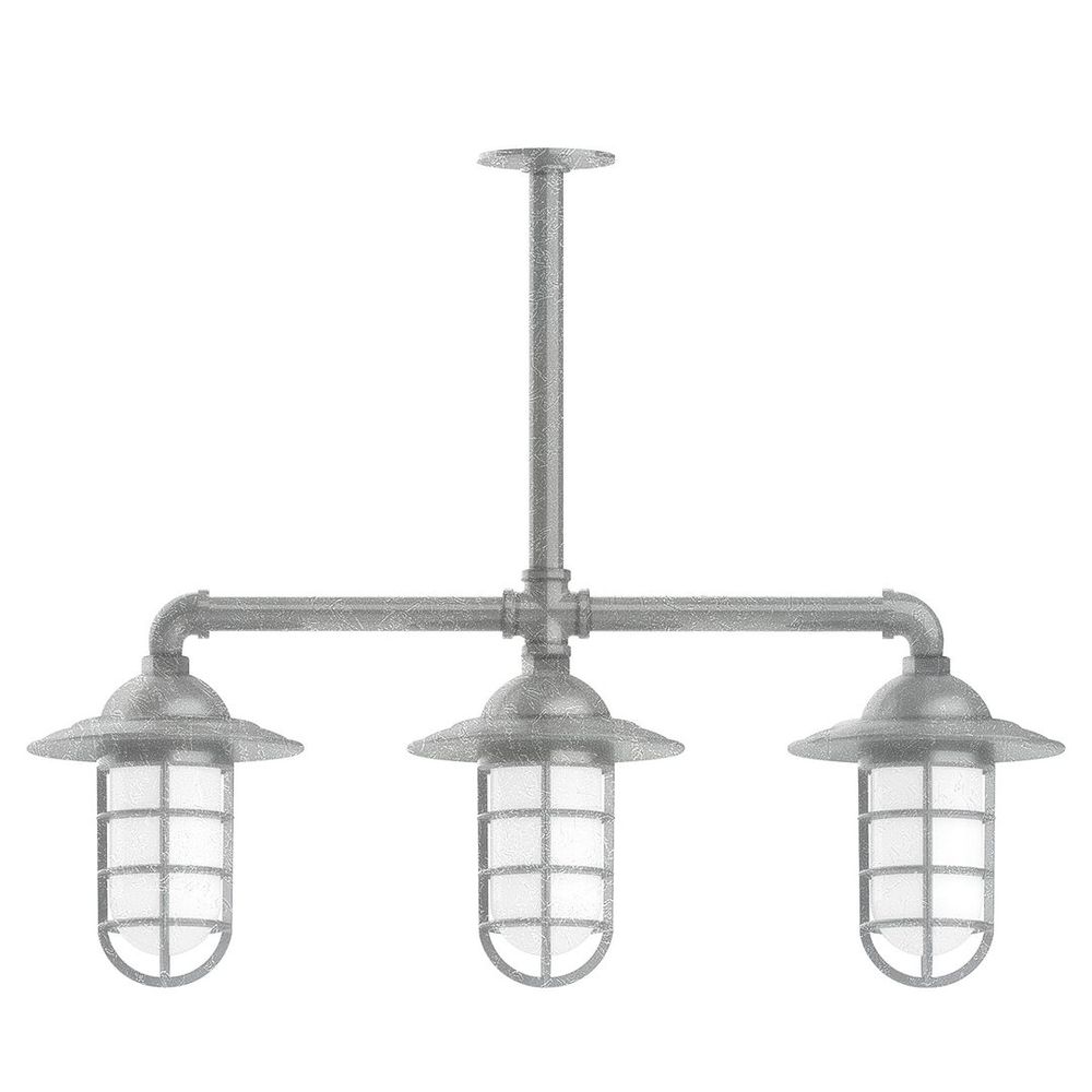 Vaportite, Style A shade, 3-Lt stem hung pendant with clear glass & cast guard, Painted Galvanized