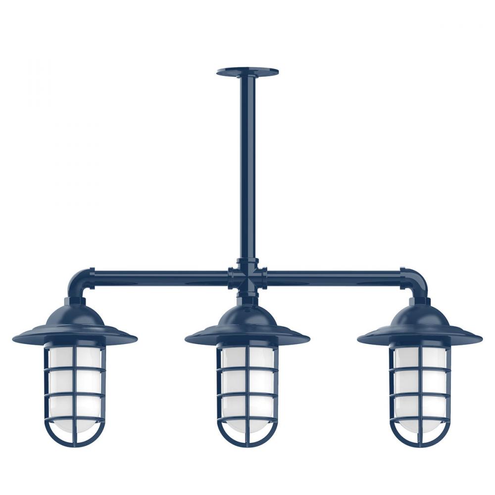 Vaportite, Style A shade, 3-light stem hung pendant with clear glass and cast guard, Navy