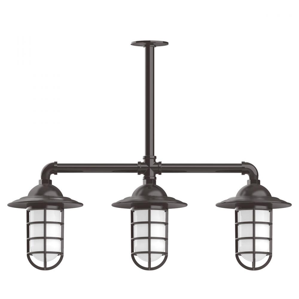 Vaportite, Style A shade, 3-Lt stem hung pendant w/ clear glass & cast guard, Architectural Bronze