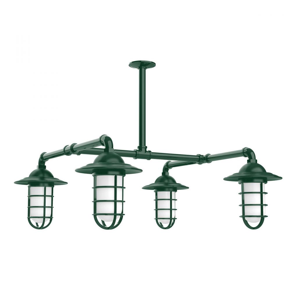 Vaportite, Style A shade, 4-light stem hung pendant with clear glass and cast guard, Forest Green