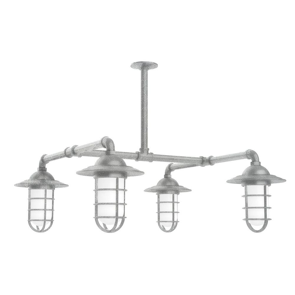 Vaportite, Style A shade, 4-Lt stem hung pendant with clear glass & cast guard, Painted Galvanized