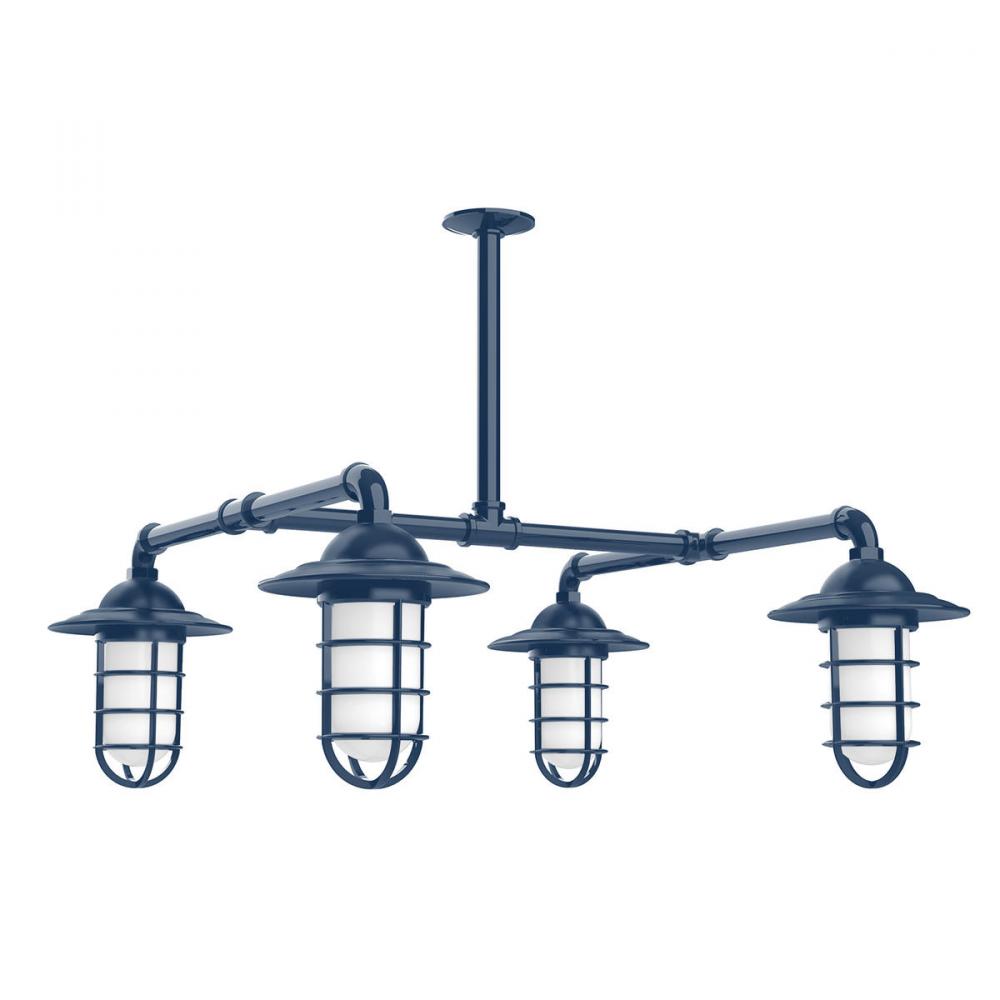 Vaportite, Style A shade, 4-light stem hung pendant with clear glass and cast guard, Navy