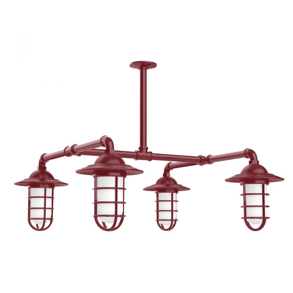 Vaportite, Style A shade, 4-light stem hung pendant with clear glass and cast guard, Barn Red