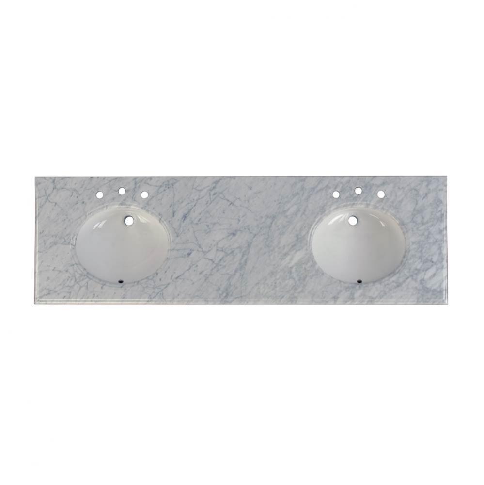 2cm (3/4&apos;&apos;) 73&apos;&apos; Double Bowl White Carrera (WC) Marble Top - 8&apos;&apos; wid