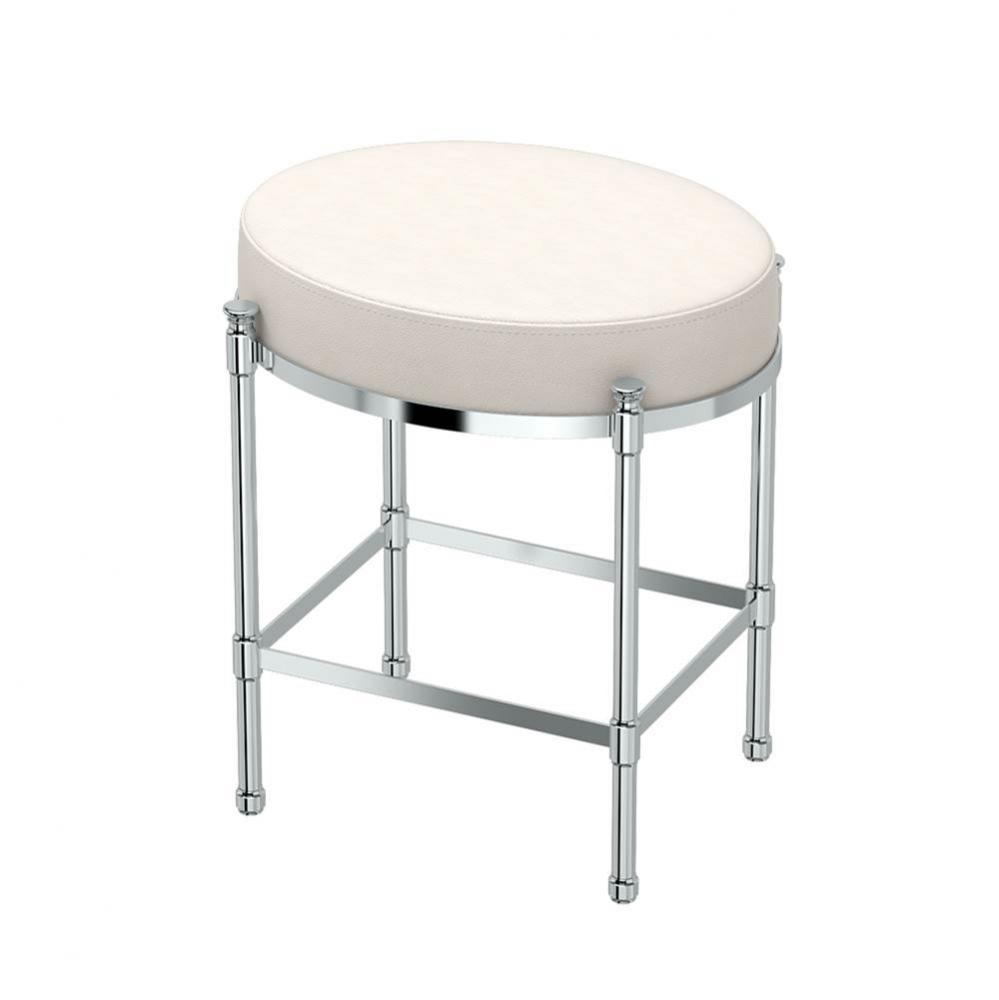 Oval White Leather Vanity Stool Chrome
