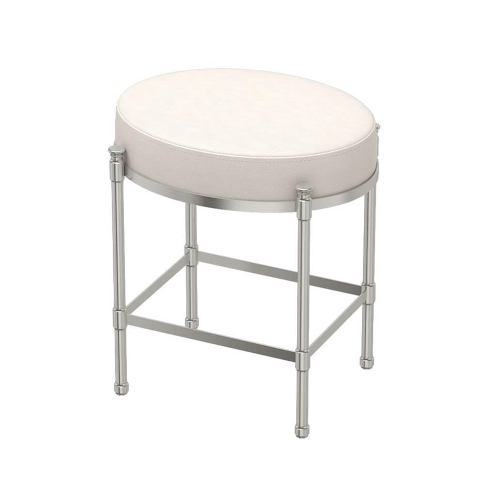 Oval White Leather Vanity Stool Satin Nickel
