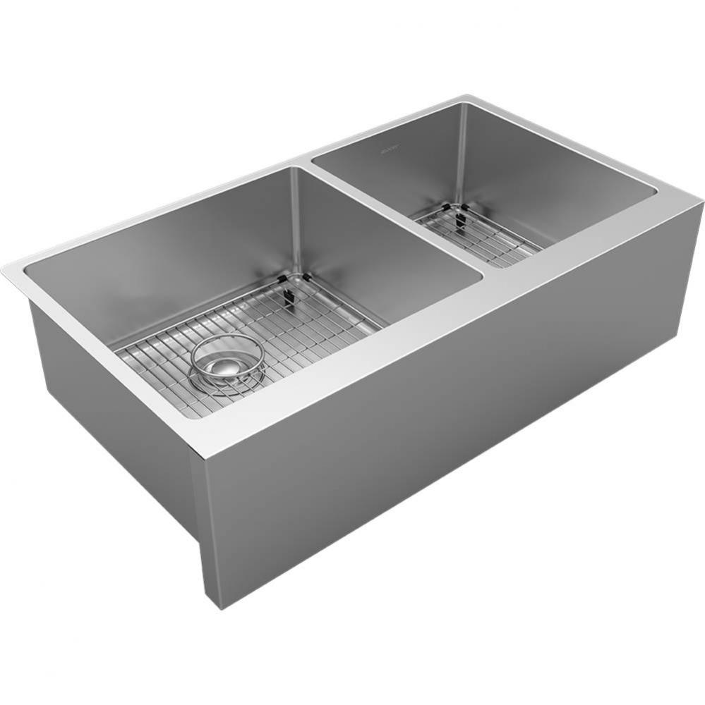 16 Gauge Stainless Steel 35-7/8&apos;&apos; x 20-14&apos;&apos; x 9&apos;&apos; Double Bowl Farmho