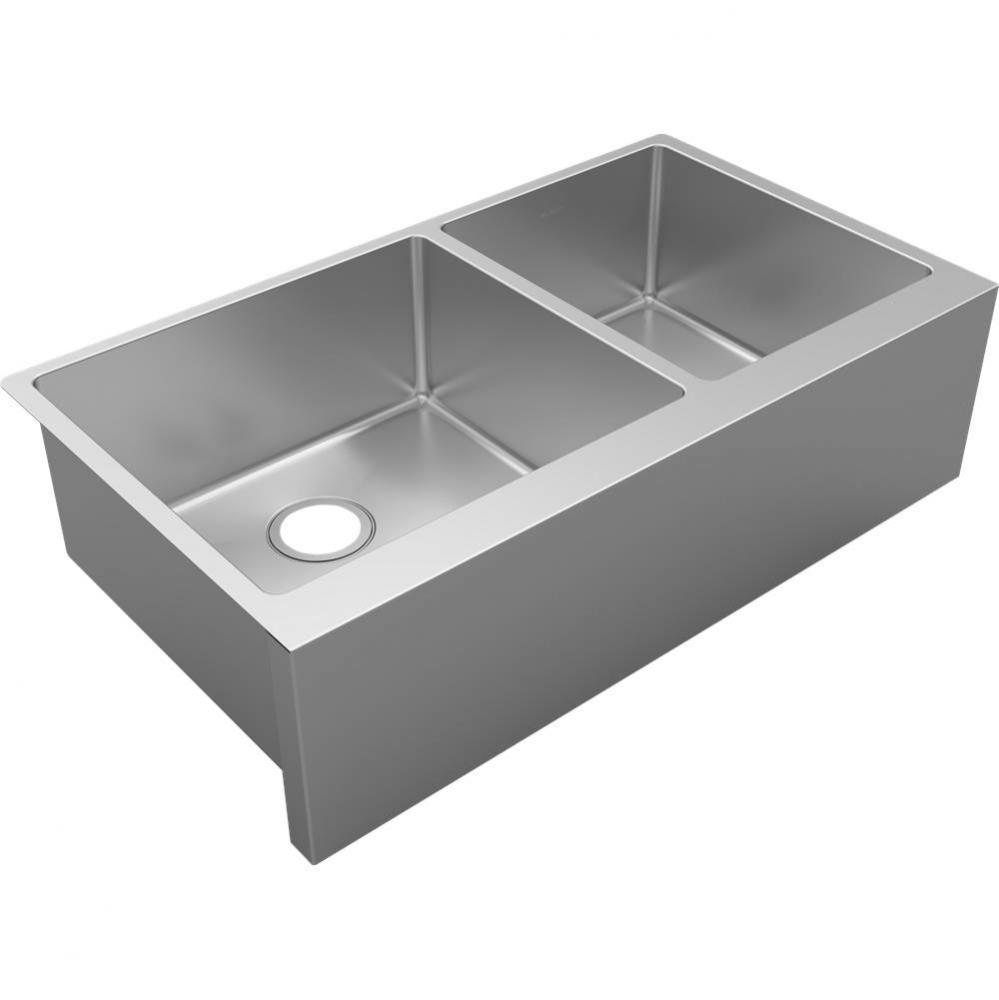 16 Gauge Stainless Steel 35-7/8&apos;&apos; x 20-14&apos;&apos; x 9&apos;&apos; Double Bowl Farmho