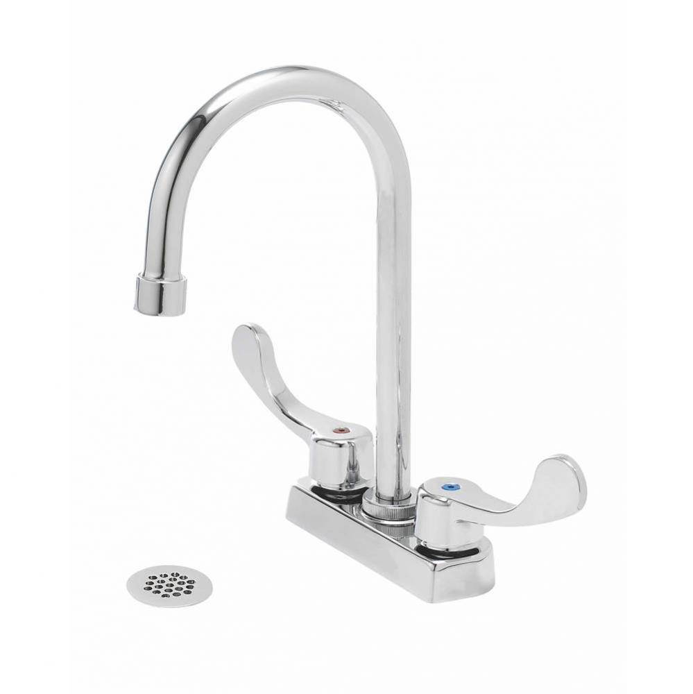Commercial 2H Centerset Lavatory Faucet W/ Gooseneck Spout Wrist Blade Handles And Grid Strainer 0