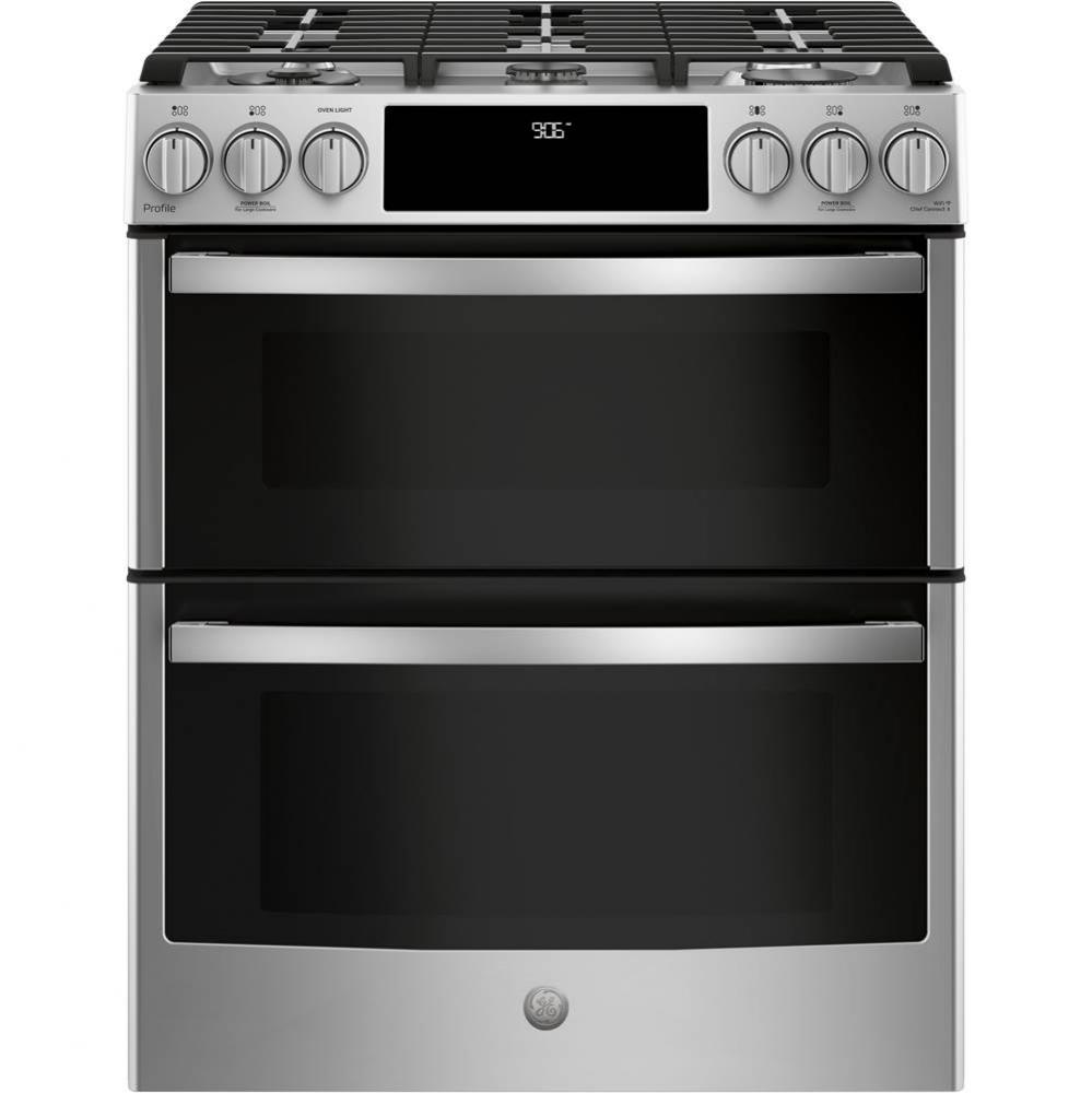 GE Profile 30&apos;&apos; Smart Slide-In Front-Control Gas Double Oven Convection Range
