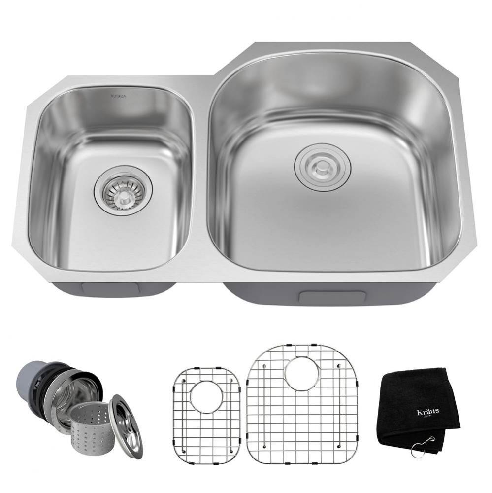 32 Inch Undermount 60/40 Double Bowl 16 Gauge Stainless Steel Kitchen Sink with NoiseDefend Soundp