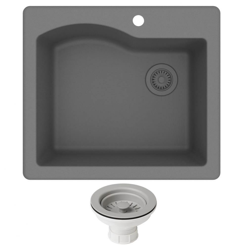 Quarza 25&apos;&apos; Dual Mount Single Bowl Granite Kitchen Sink and Strainer in Grey