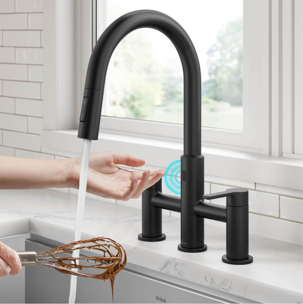 Oletto Touchless Sensor Bridge Kitchen Faucet with Pull-Down Sprayhead in Matte Black