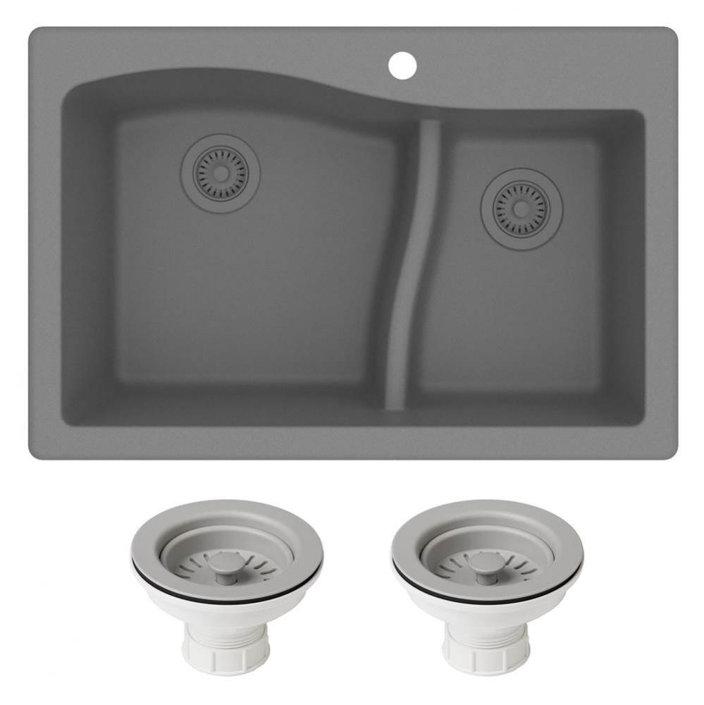 Quarza 33&apos;&apos; Dual Mount 60/40 Double Bowl Granite Kitchen Sink and Strainers in Grey