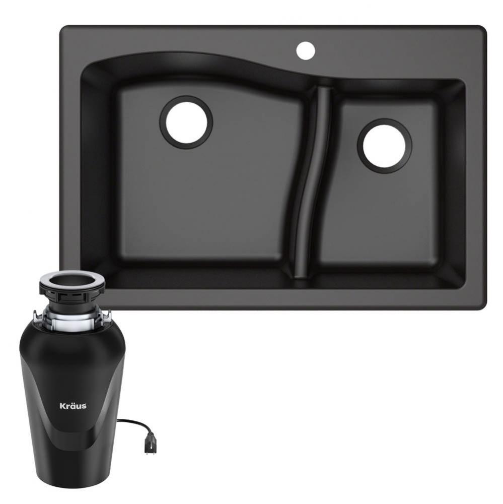 KRAUS Quarza 33&apos;&apos; Dual Mount 60/40 Double Bowl Granite Kitchen Sink in Black with WasteG