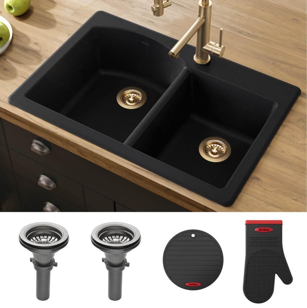 Forteza 33&apos;&apos; Dual Mount 60/40 Double Bowl Granite Kitchen Sink in Black