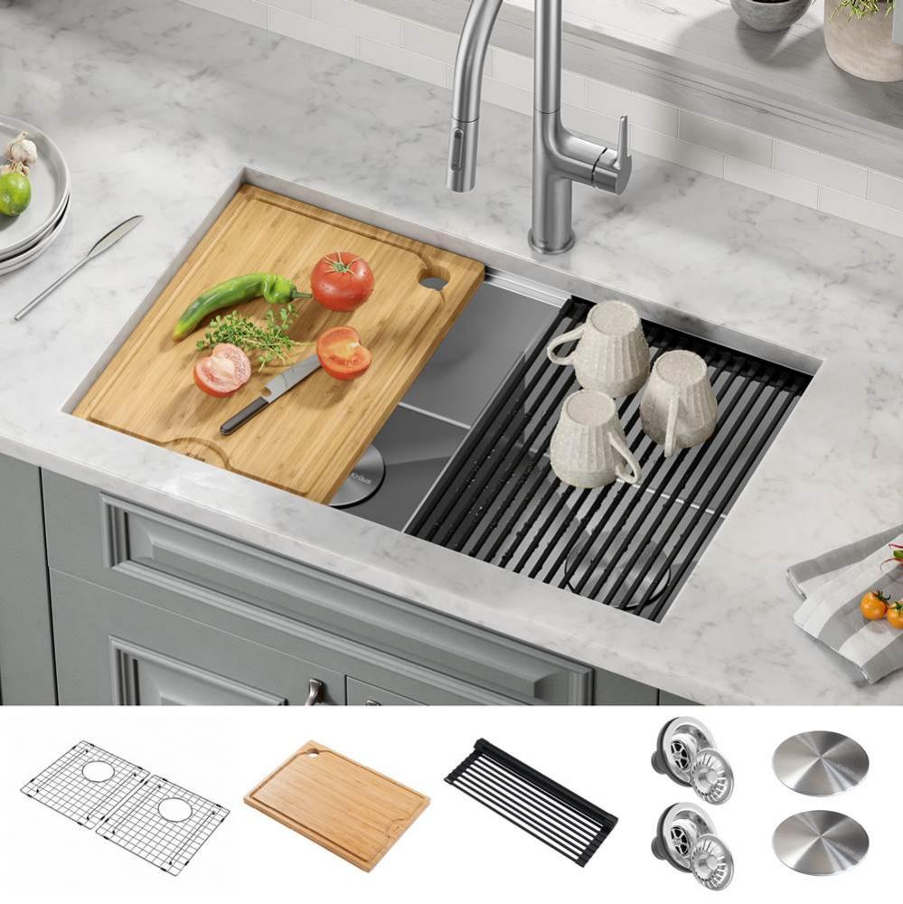 KRAUS Kore 30&apos;&apos;&#xa0;Undermount Workstation 16 Gauge Stainless Steel Double Bowl Kitchen