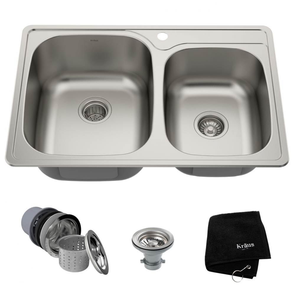 KRAUS 33 Inch Topmount 60/40 Double Bowl 18 Gauge Stainless Steel Kitchen Sink with NoiseDefend So