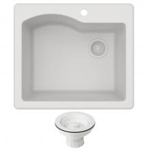 Kraus KGD-441WHITE-PST1-WH - Quarza 25'' Dual Mount Single Bowl Granite Kitchen Sink and Strainer in White