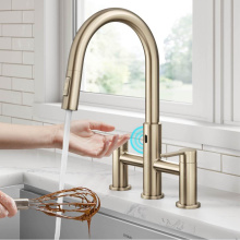 Kraus KSF-3122SFACB - Oletto Touchless Sensor Bridge Kitchen Faucet with Pull-Down Sprayhead in Spot-Free Antique Champa